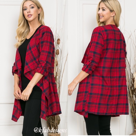 LAST! Soft Plaid Red Open Cardigan with Roll Up Sleeves! - Picture 3 of 8